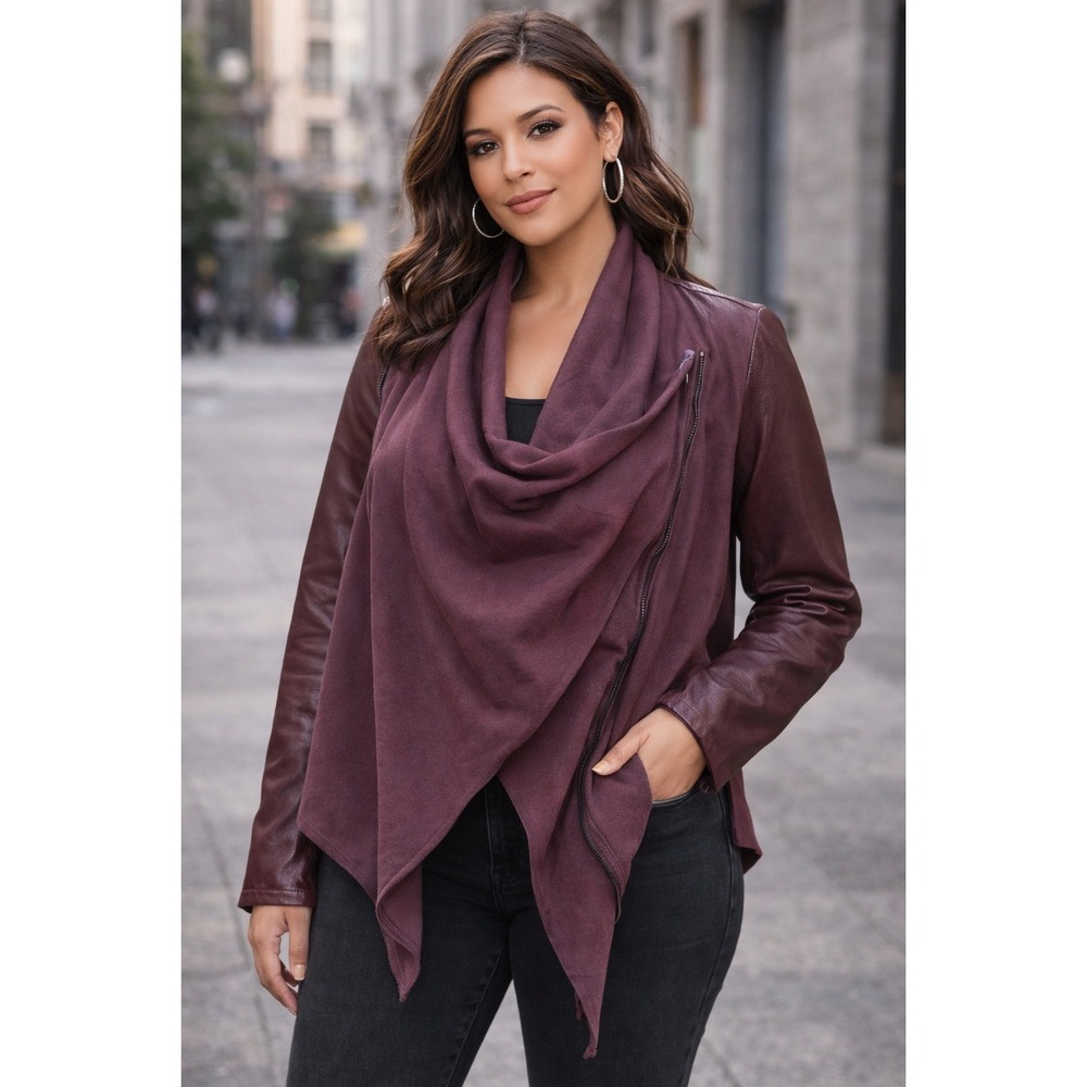 BLANKNYC‎ Burgundy Faux Leather Sleeve Asymmetrical Zip Jacket Women's Large